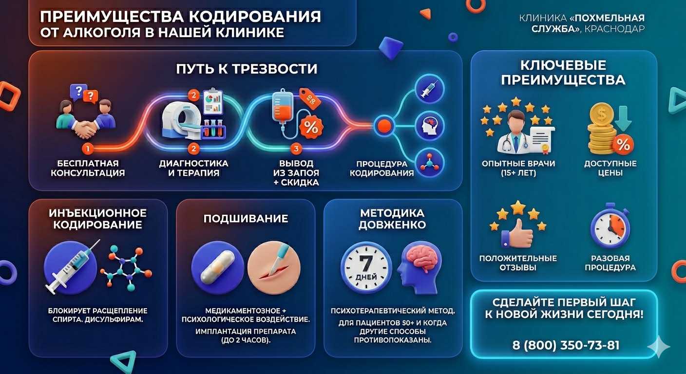 Инфографика о методах кодирования от алкоголя в Мантурово: инъекции, подшивание, метод Довженко. Преимущества клиники и этапы лечения.