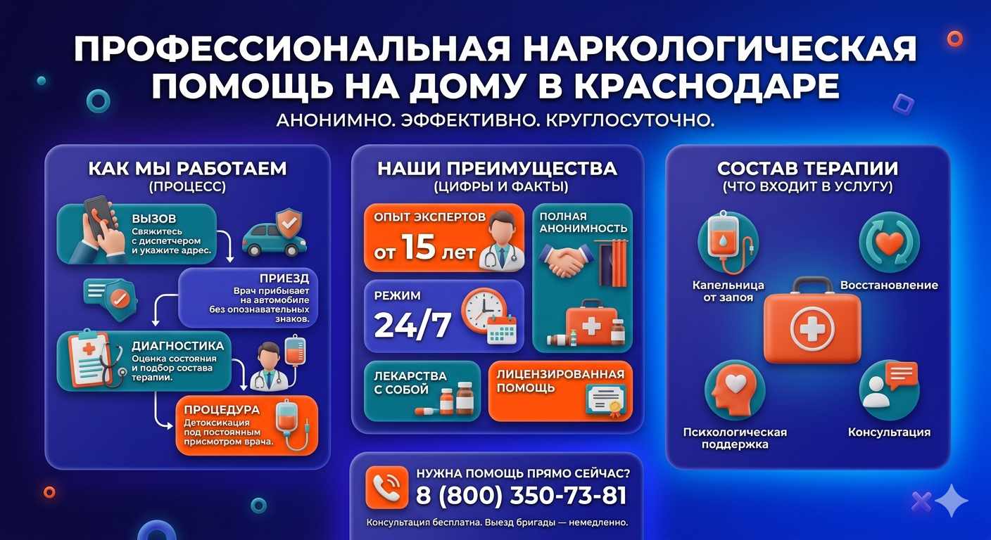 Инфографика о принципах лечения алкоголизма на дому в Мантурово: этапы вызова нарколога, преимущества анонимной детоксикации и состав медицинской помощи.